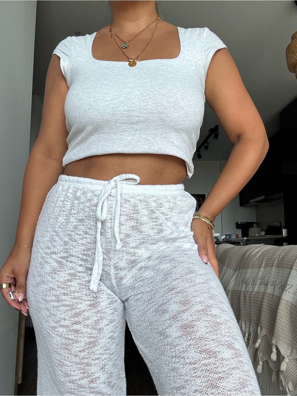 White Knit Drawstring Pants - Women's Comfortable Lounge Wear